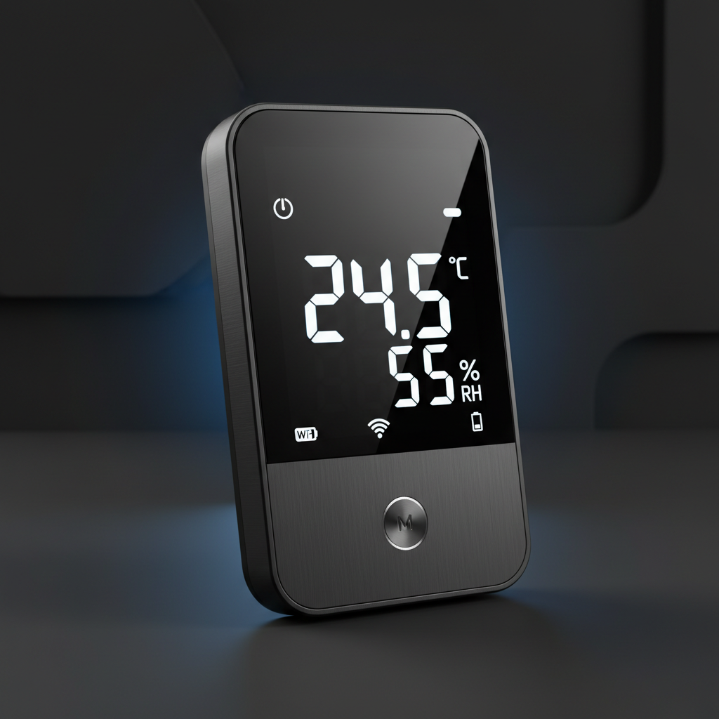 Thermomètre hygromètre connecté avec écran digital sur fond sombre
