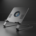 Support ergonomique laptop aluminium avec ventilateur sur fond sombre
